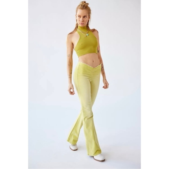 Urban Outfitters Velvet Ruched V-Front Flare Pants in Green - Chartreuse Sz. 28 - Picture 5 of 14